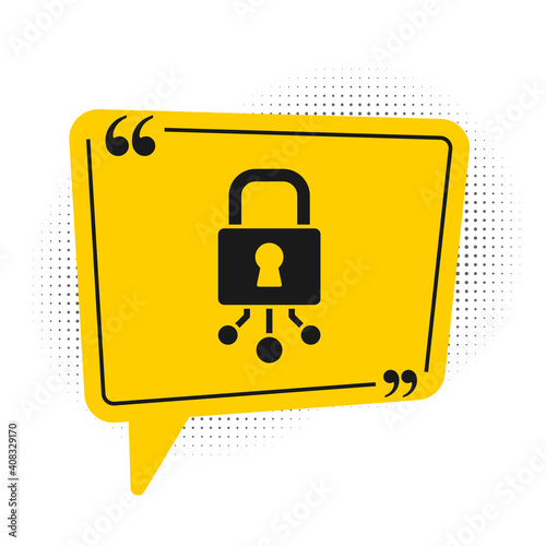 Black Cyber security icon isolated on white background. Closed padlock on digital circuit board. Safety concept. Digital data protection. Yellow speech bubble symbol. Vector.