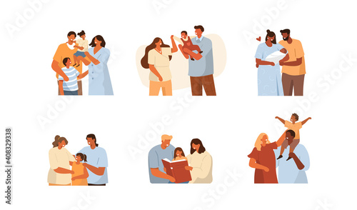 Multicultural Families Spending Time Together. Mother, Father and  Kids Hugging and Smiling to Each Other. Happy Parents having Fun with their Daughters and Sons. Flat Cartoon Vector Illustration.
