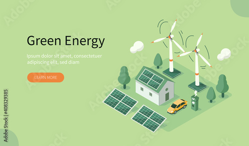 Modern Eco Private House with Windmills and Solar Energy Panels and Electric Car near Charging Station. Eco Home Powered by Green Renewable and Solar Energy. Flat Isometric Vector Illustration.
