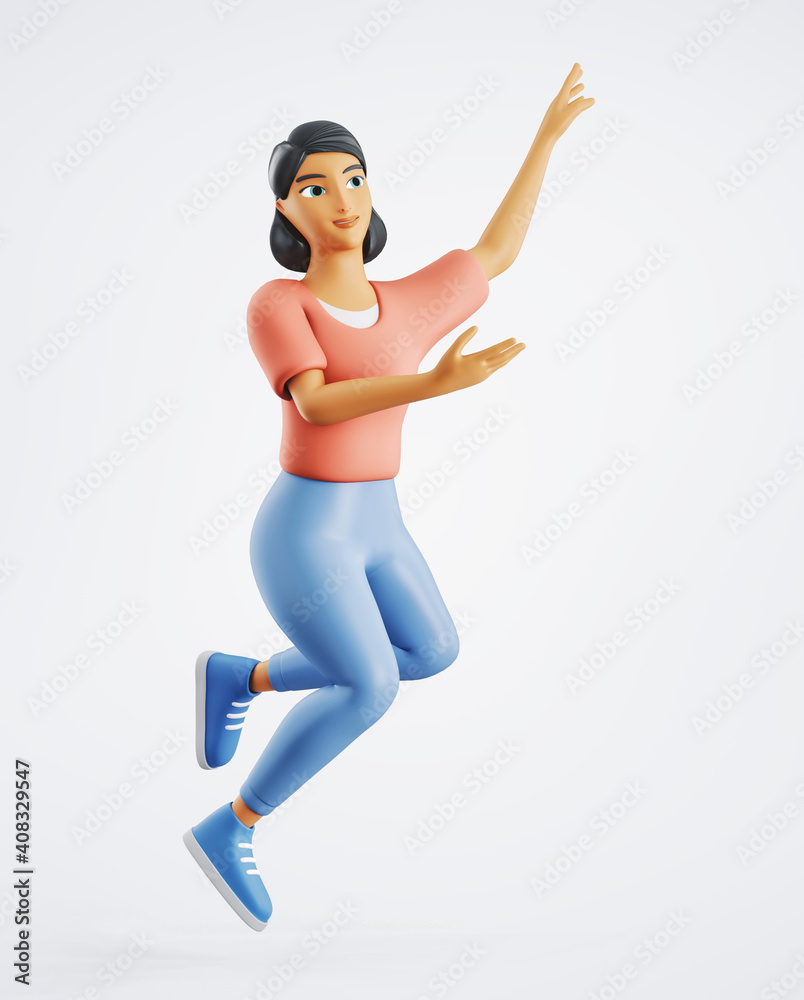 3d character woman is demonstrating on an empty space in a mid-air