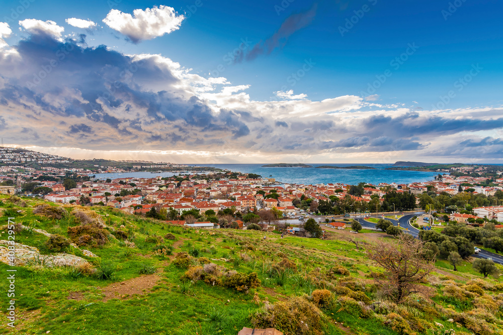 Foca Town view from hill in Turkey