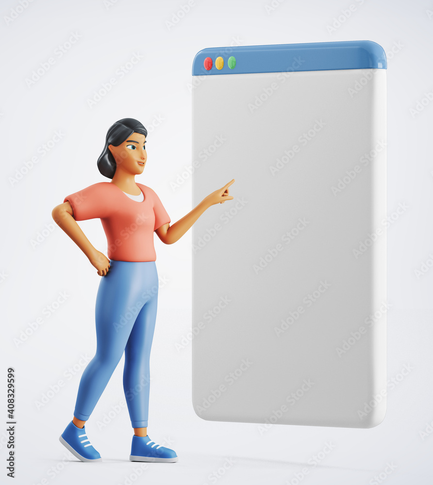 3d character woman is pushing on an empty webpage mockup 3d character woman is pushing on an empty webpage mockup