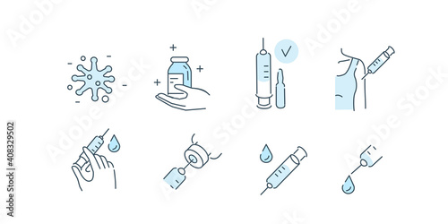 Vaccination and Immunization Symbols. Vaccine Injection, Syringe, Tube and Bottles Signs. Prevention against Virus and Infection.  Flat Line Vector Illustration and Icons set.