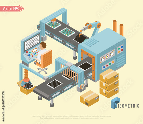 Isometric industrial factory horizontal banners with automated lines of production assembly.