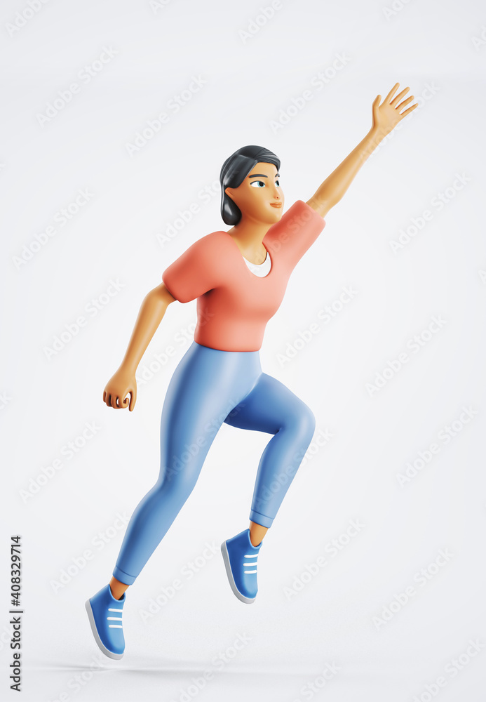 3d character woman in a superhero pose flying