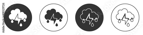 Black Cloud with rain and lightning icon isolated on white background. Rain cloud precipitation with rain drops.Weather icon of storm. Circle button. Vector.