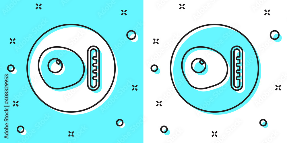 Black line Traditional british breakfast, fried eggs with sausage icon isolated on green and white background. Random dynamic shapes. Vector. Black line Traditional british breakfast, fried eggs with sausage icon isolated on green and white background. Random dynamic shapes. Vector.