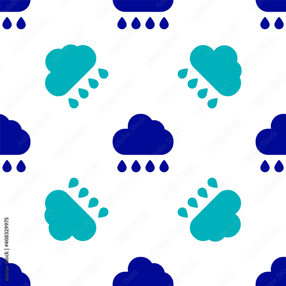 Blue Cloud with rain icon isolated seamless pattern on white background. Rain cloud precipitation with rain drops. Vector. Blue Cloud with rain icon isolated seamless pattern on white background. Rain cloud precipitation with rain drops. Vector.