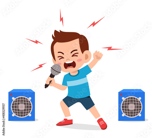 little boy sing a song on stage and screaming