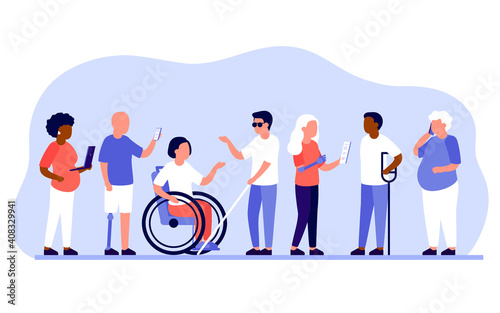 Group diverse of people with disabilities work together in office. Disabled different people stand in raw and communicate with mobile phone, laptop. Handicapped persons work. Vector illustration