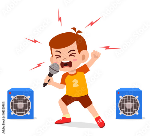 little boy sing a song on stage and screaming