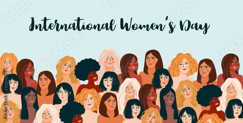 International Womens Day. Vector illustration with women different nationalities and cultures.