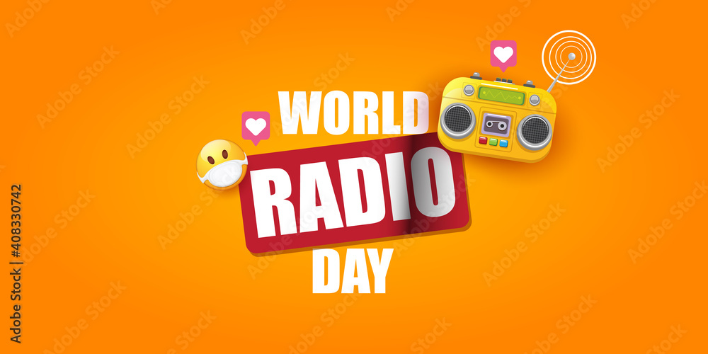 World radio day horizontal banner with vintage old orange cassette stereo player isolated on orange background. Cartoon funky hipster Radio day banner or poster