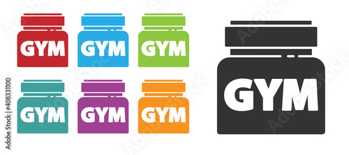 Black Sports nutrition bodybuilding proteine power drink and food icon isolated on white background. Set icons colorful. Vector.