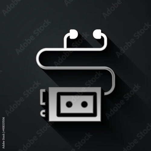 Silver Museum audio guide icon isolated on black background. Headphones for excursions. Long shadow style. Vector.