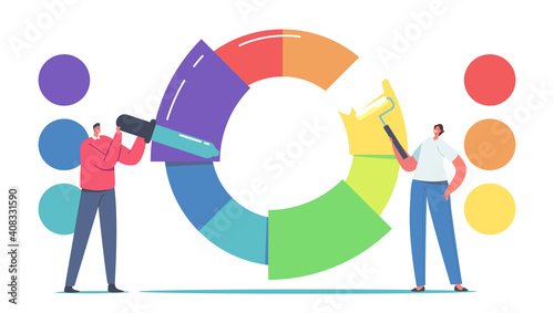 Professional Designer Male or Female Characters Choose Colours and Tints from Color Palette Wheel for Design Project