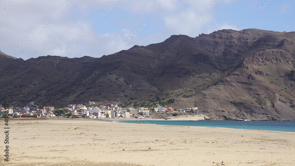 the view of Sao Pedro from the beach, on the island Sao Vicente, Cabo Verde, in the month of December