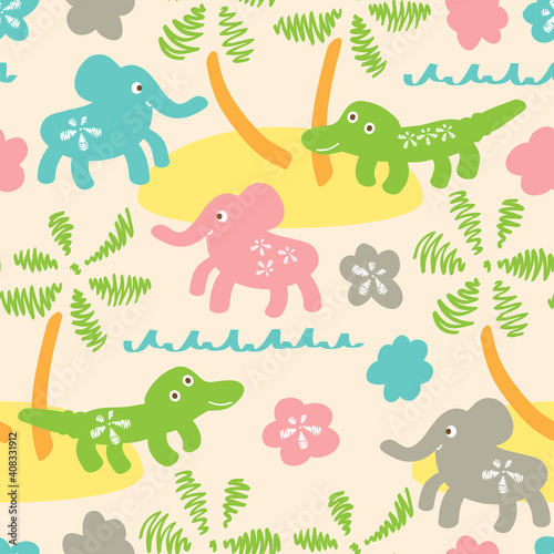 Africa. Kids seamless pattern. Funny cartoon elephants and crocodiles.  © AllNikArt