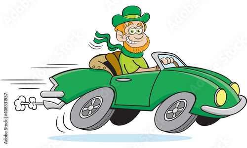Cartoon illustration of a leprechaun driving a fast little car.