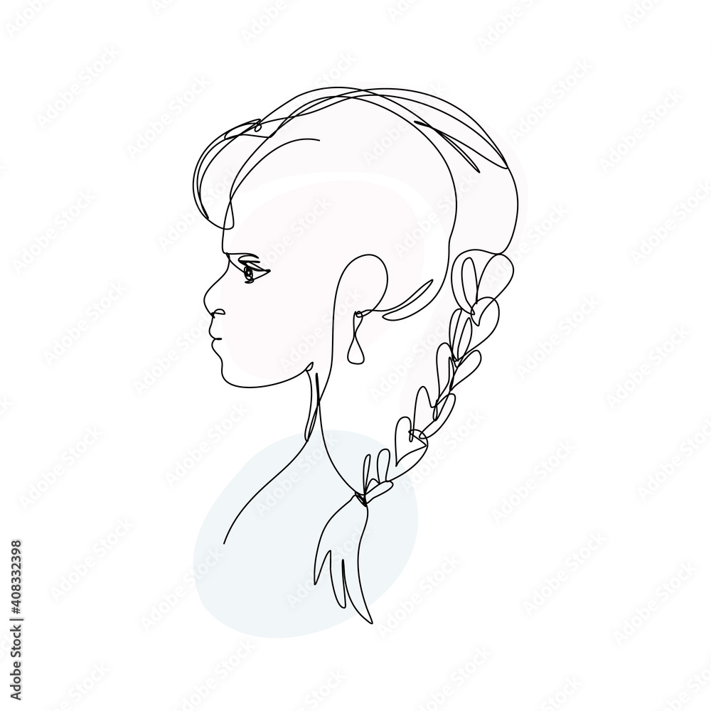 Continuous line art girl face painting with a braid  isolated on a  white background. Contemporary portrait with an editable stroke.
