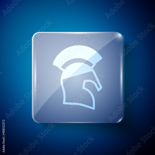 White Greek helmet icon isolated on blue background. Antiques helmet for head protection soldiers with a crest of feathers or horsehair. Square glass panels. Vector.