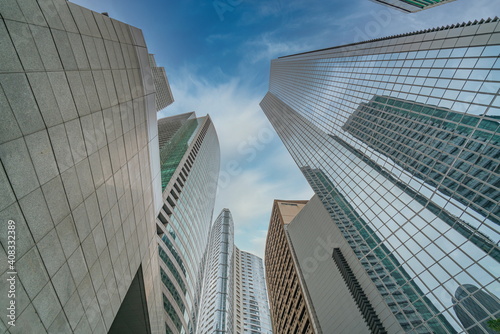Upward view photo of futuristic financial towers in Makati City  Philippines 