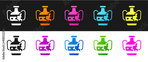 Set Broken ancient amphorae icon isolated on black and white background. Vector.