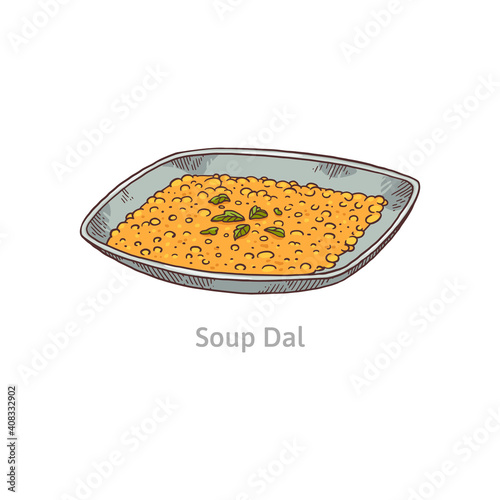 Indian spiced soup dal from lentils, peas, bobs or beans a vector illustration