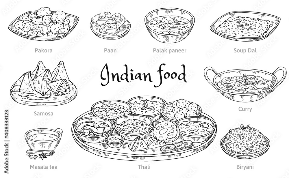 Set of indian food icons in hand engraved style vector illustration