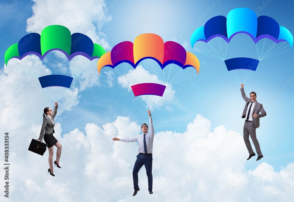 Business people falling down on parachutes Business people falling down on parachutes