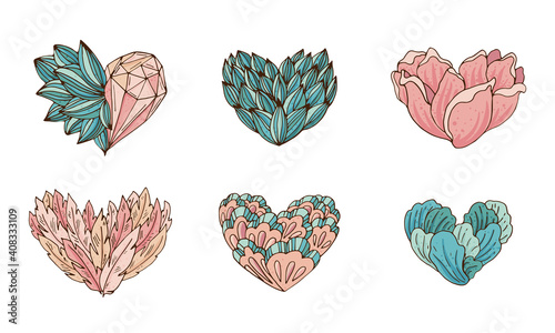 Vector cute magic set of decorated hearts with plants, feathers and crystals in turquoise and pink tones. © Valine