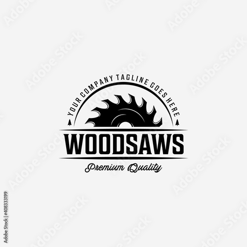 Wood saws Vintage Logo with Wood Working, Design of Chainsaw Vector Illustration, Concept of Carpentry