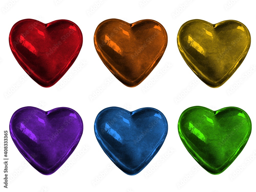 six color glowing hearts isolated on white background: red orange yellow purple blue green.
