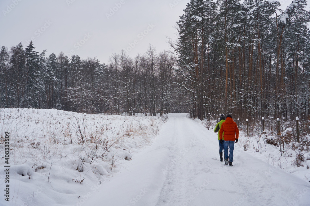 The people walking in the snowy forest in the winter