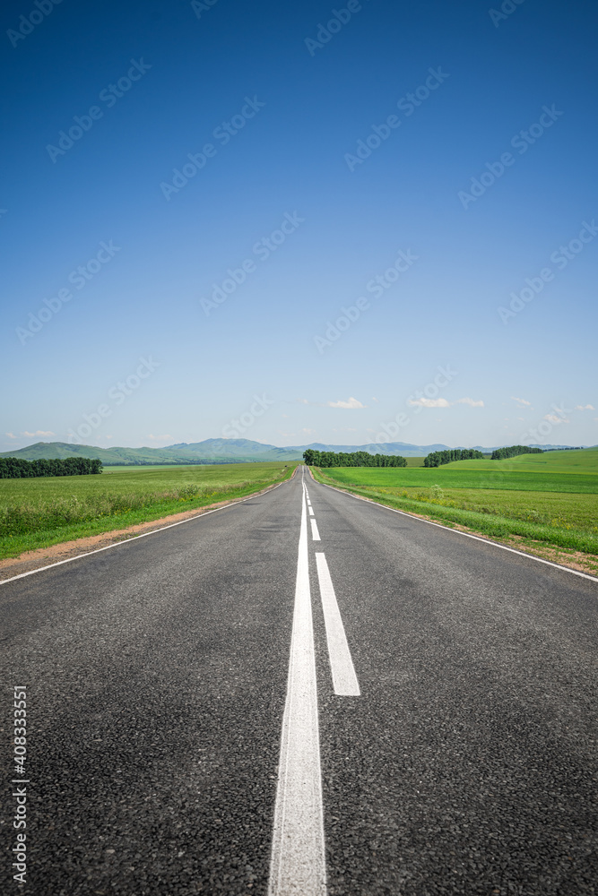 An asphalt road among meadows leading to the mountains on the horizon. Beautiful summer landscape with blue skies, greenery and highway. Minimalism, transport links, travel concept.