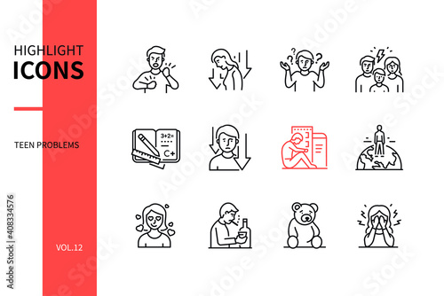 Teen problems - line design style icons set