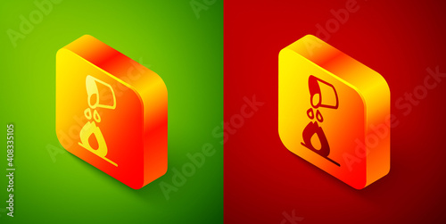 Isometric Water bucket extinguishing a fire icon isolated on green and red background. Square button. Vector.