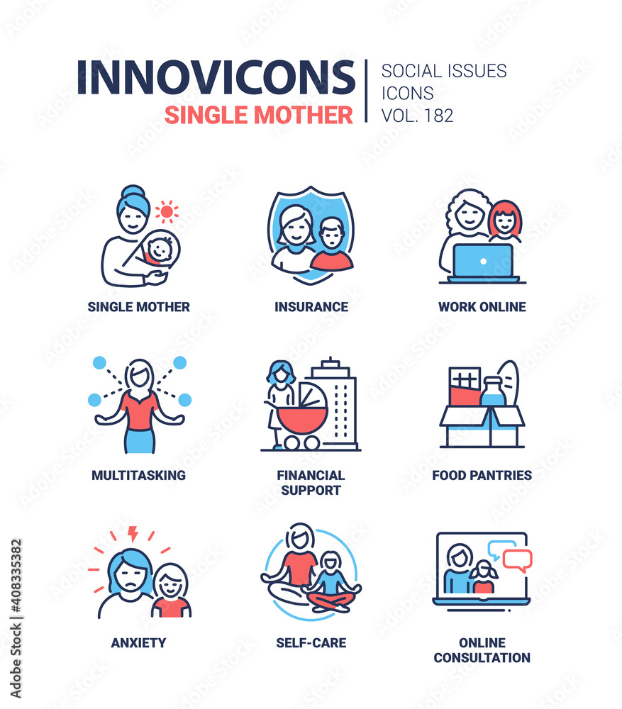 Single mother - modern line design style icons set Single mother - modern line design style icons set