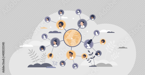 Connected people as social community networking worldwide tiny person concept