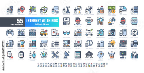 64x64 Pixel Perfect. Internet of Things (IOT). Flat Color Filled  Outline Icons Vector. for Website, Application, Printing, Document, Poster Design, etc. Editable Stroke