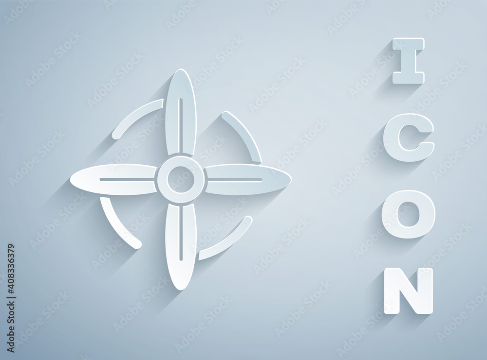 Paper cut Wind turbine icon isolated on grey background. Wind generator sign. Windmill for electric power production. Paper art style. Vector. Paper cut Wind turbine icon isolated on grey background. Wind generator sign. Windmill for electric power production. Paper art style. Vector.