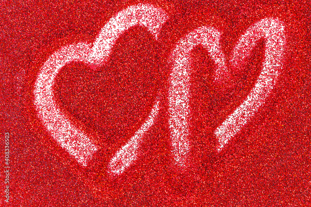Red glitter background with a heart drawn a finger. Valentines day background Red glitter background with a heart drawn a finger. Valentines day background