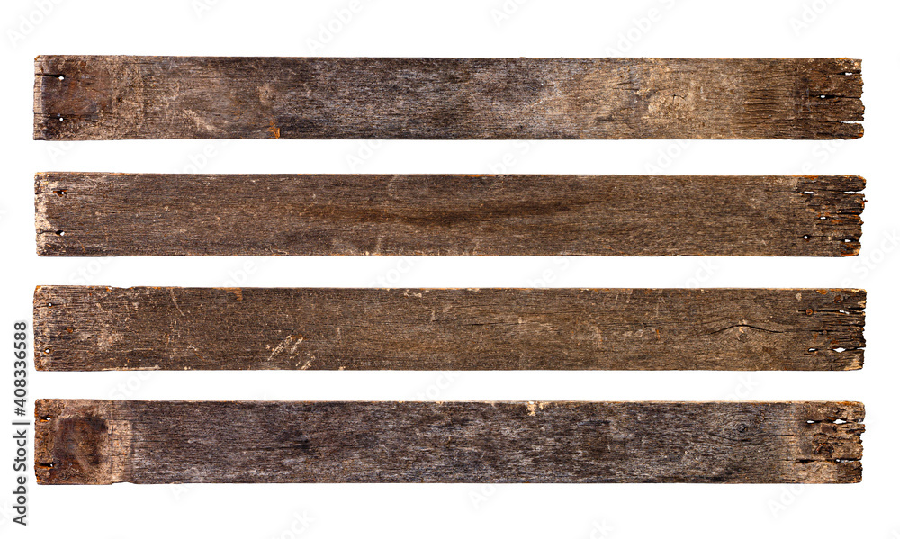 Fototapeta premium Empty wooden sign board isolated on white background with clipping path. Old plank wood. Used for montage to add text
