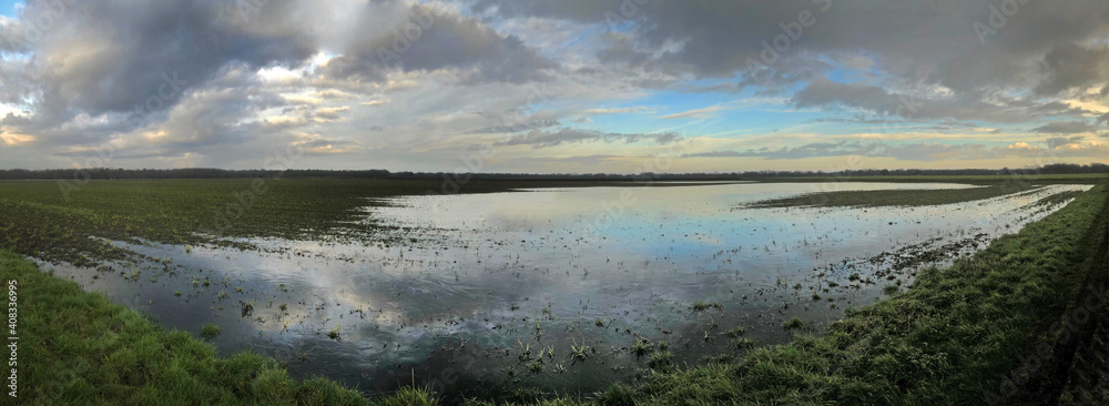 Flooding on the Es of Uffelte Drenthe Netherlands. Panorama. Fields in winter.