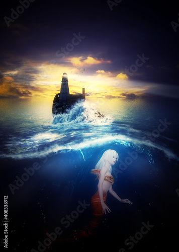 Lighthouse with mermaid underwater scene © AnnaPa