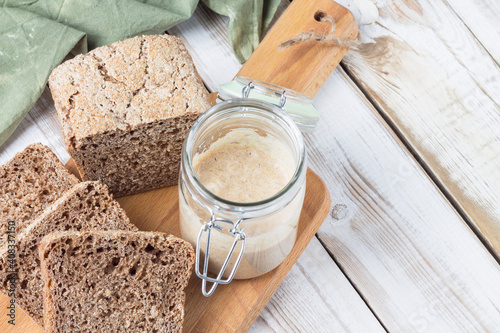 Photography Flour starter for making natural fermented bread from spelt flour