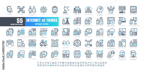 64x64 Pixel Perfect. Internet of Things (IOT). Bicolor Line Outline Icons Vector. for Website, Application, Printing, Document, Poster Design, etc. Editable Stroke