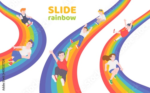 Rainbow slide with happy children sliding down together