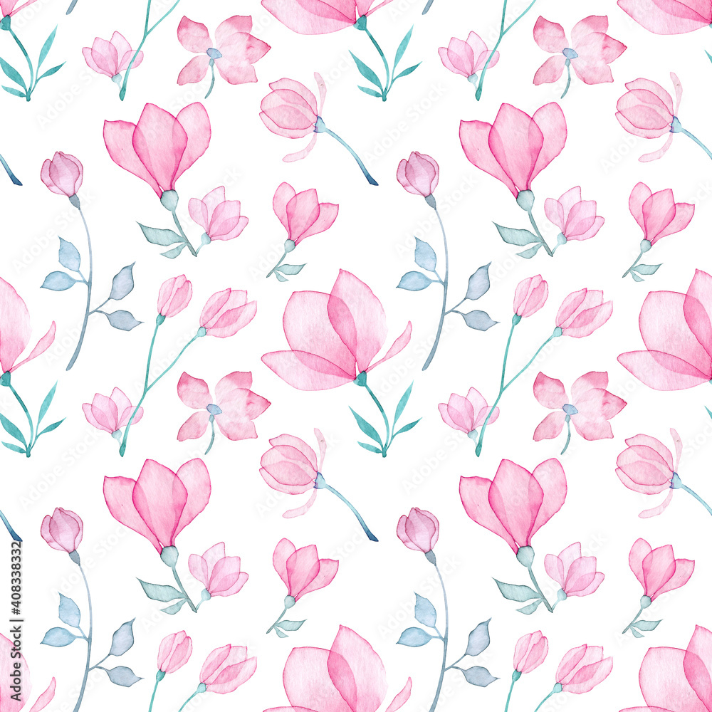 Seamless pattern with watercolor hand painted pink flowers 