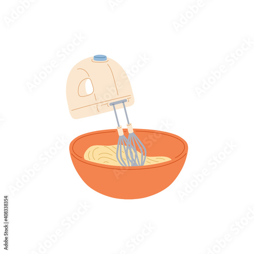 Kitchen hand mixer mixing dough in big bowl, flat vector illustration isolated.